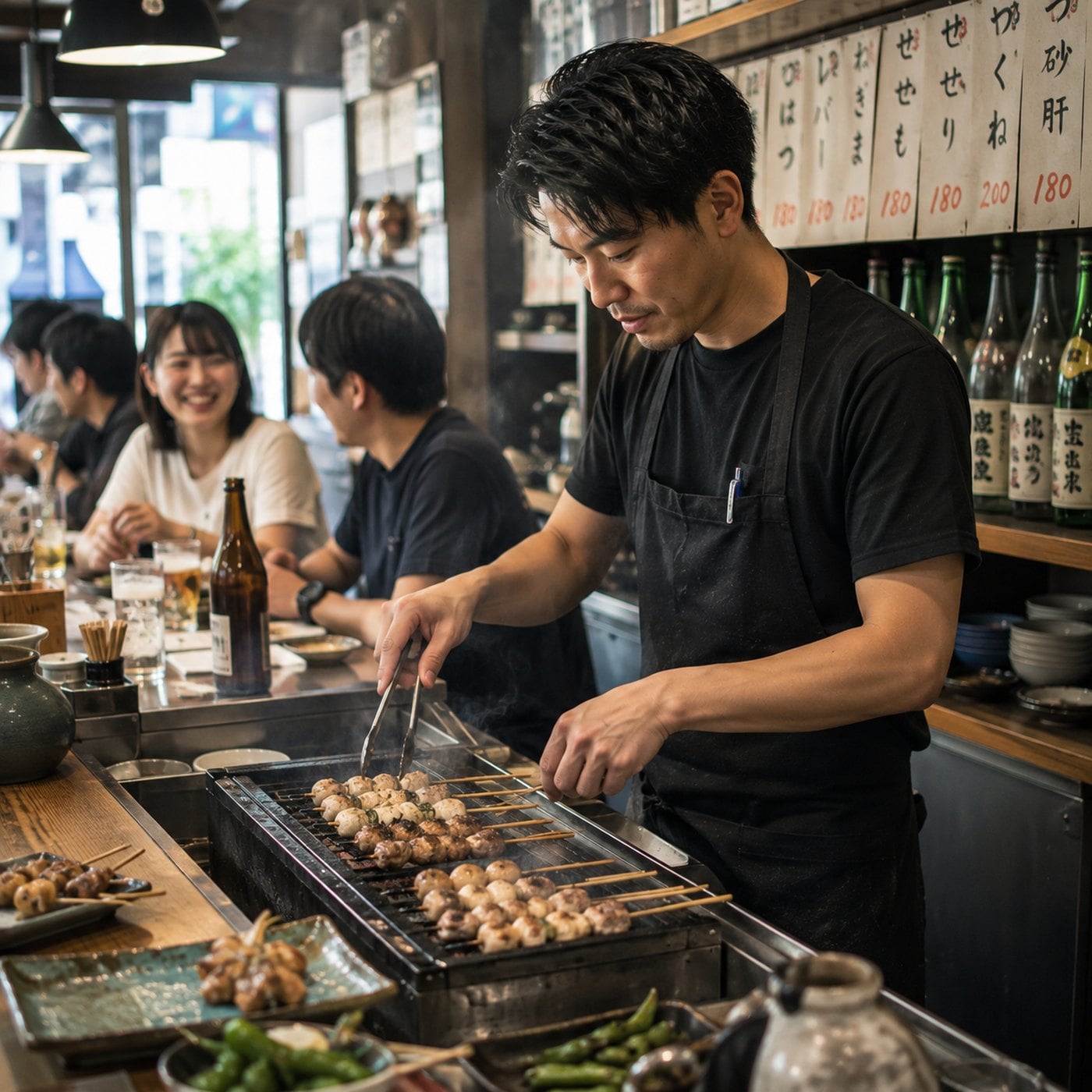 厨房で串焼きを調理するスタッフ