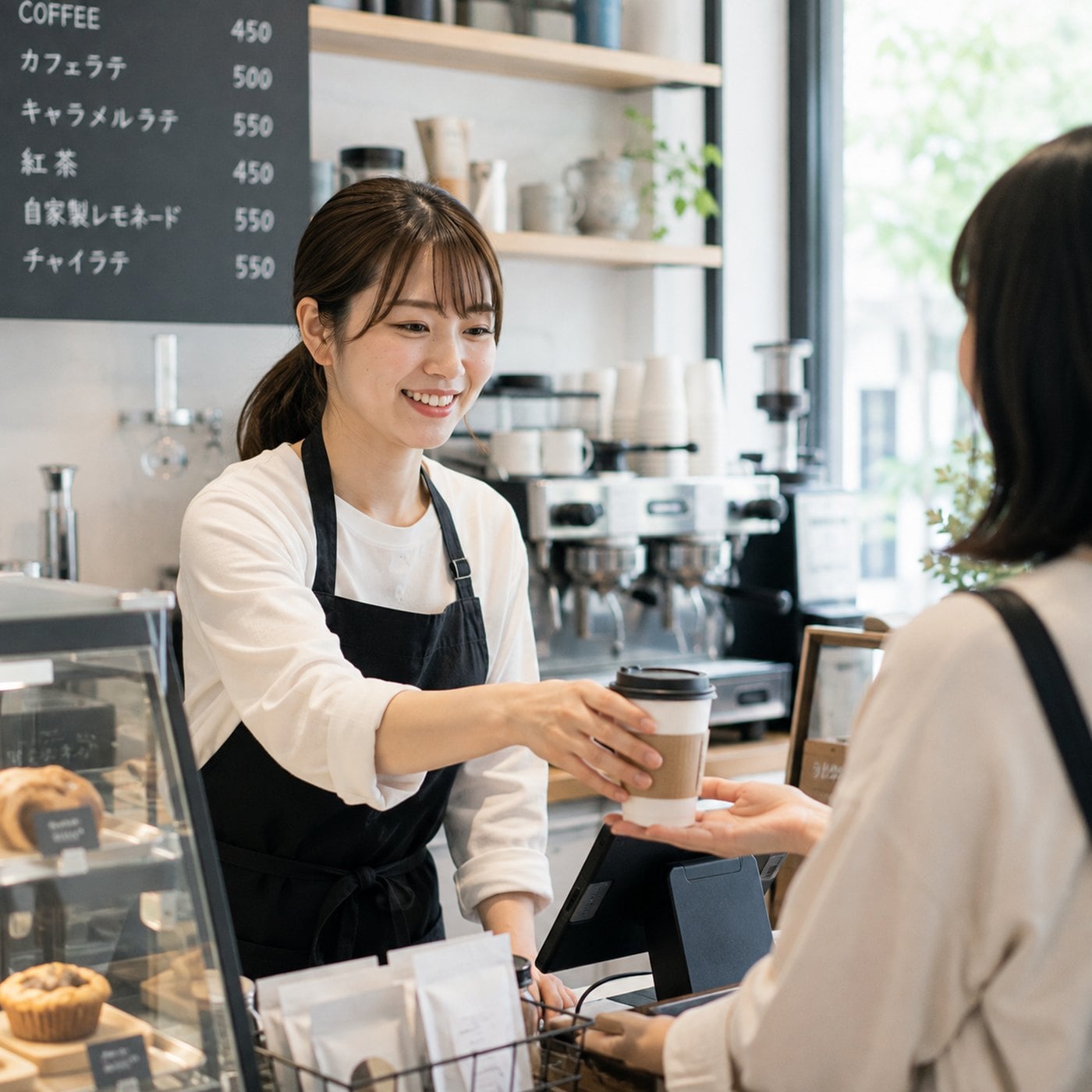 カフェでコーヒーを提供するスタッフ