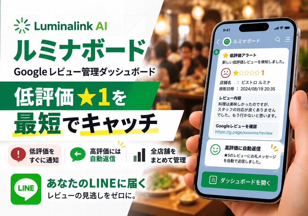 ルミナボード:Googleレビューの低評価★1を最短でキャッチ。LINEに通知が届く